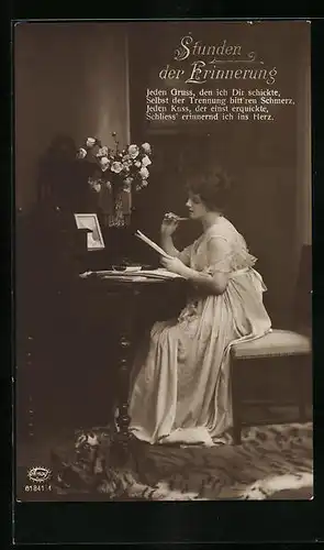 Foto-AK Amag: Stunden der Erinnerung, Frau sendet schriftliche Grüsse