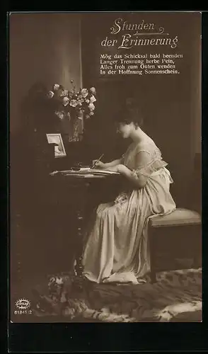 Foto-AK Amag: Stunden der Erinnerung, Junge Frau schreibt einen Gruss