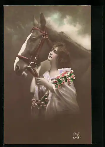 Foto-AK Amag: Junge Frau führt ihr Pferd, mit einem Blumenstrauss