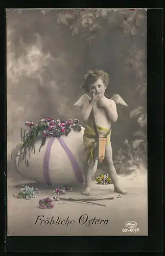 Foto-AK Amag: Engel vor einem grossen Osterei