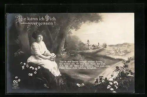 Foto-AK Amag: Nie kann ich dich vergessen!, Frau gedenkt ihrem Mann