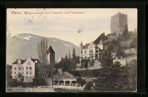 AK Meran, Gilfpromenade mit Passertor und Pulverturm