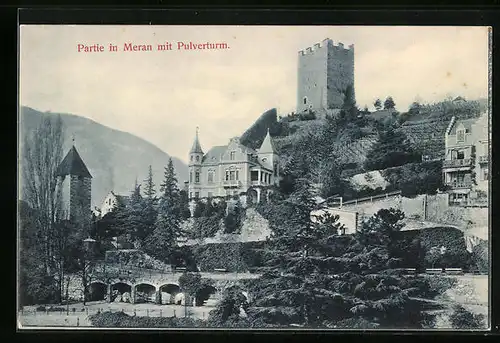 AK Meran, Stadtansicht mit dem Pulverturm