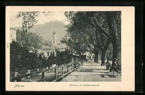 AK Meran, Partie a. d. Giselapromenade, Blick zum Kirchturm