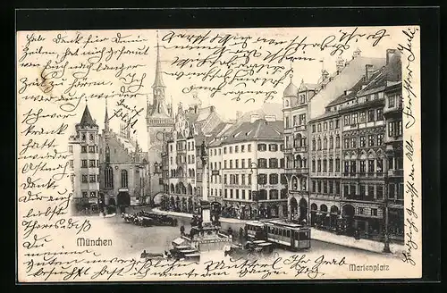 AK München, Strassenbahnen auf dem Marienplatz