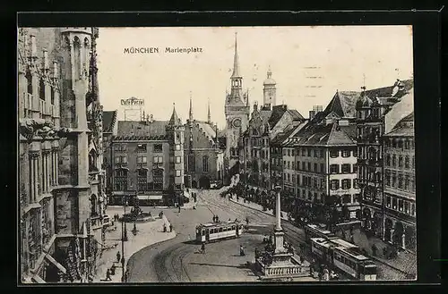 AK München, Marienplatz mit Strassenbahnen vor dem Cafe Perzel