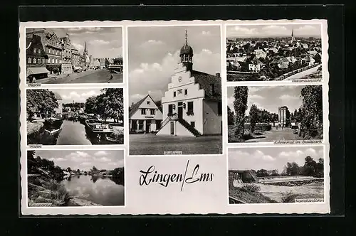 AK Lingen Ems, Gesamtansicht, vor dem Rathaus, auf dem Markt, Schiffe im Hafen, Ehrenmal im Stadtpark