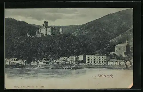AK Koblenz a. Rhein, Blick vom Rheinufer auf Burg Stolzenfels