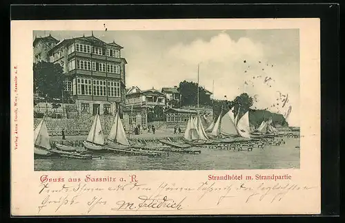 AK Sassnitz a. R., Strandhotel und Segelschiffe am Strand