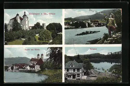 AK Säckingen a. Rhein, das Schloss, am Bergsee, Kirche am Rheinufer