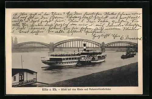 AK Köln a. Rhein, Blick auf den Rhein und die Hohenzollernbrücke