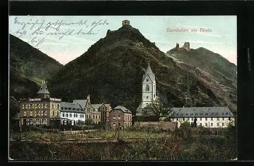 AK Bornhofen am Rhein, Blick von der Kirche hoch auf die Burgruinen