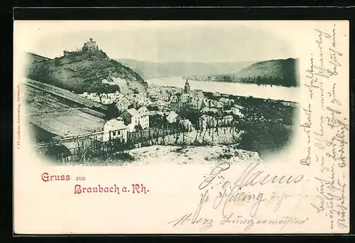AK Braubach am Rhein, Ortstotale und Blick auf die Burgruine