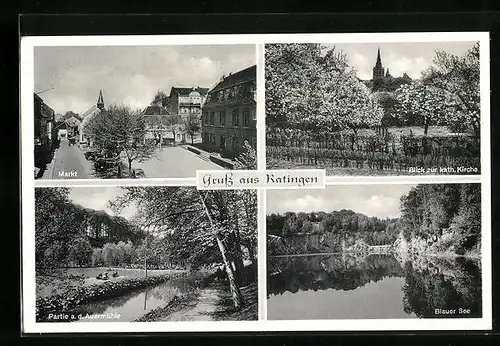 AK Ratingen, Blick zur kath. Kirche, auf dem Markt, am Blauen See, Partie a. d. Auermühle