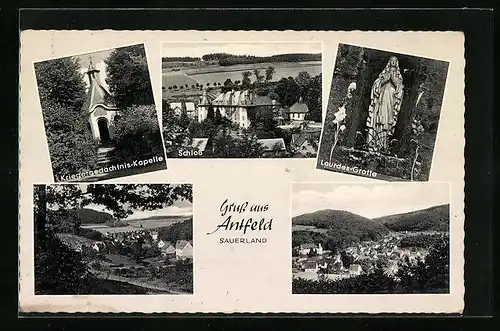 AK Antfeld im Sauerland, Generalansicht, Kriegergedächtnis-Kapelle, Lourdes-Grotte