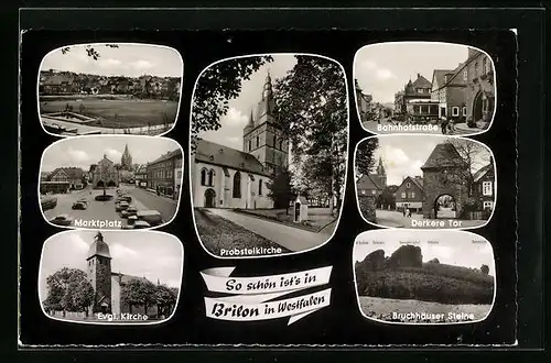 AK Brilon in Westfalen, Bahnhofstrasse, Derkerer Tor, Bruchhäuser Steine, Marktplatz, Probsteikirche