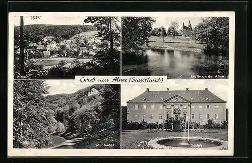AK Alme im Sauerland, Ortstotale, Wasserspiel am Schloss, Blick ins Mühlental