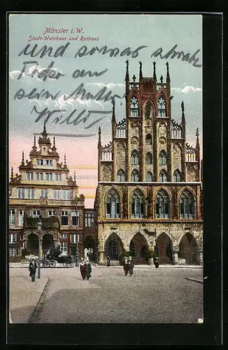 AK Münster i. W., Passanten vor dem Rathaus und dem Stadt-Weinhaus