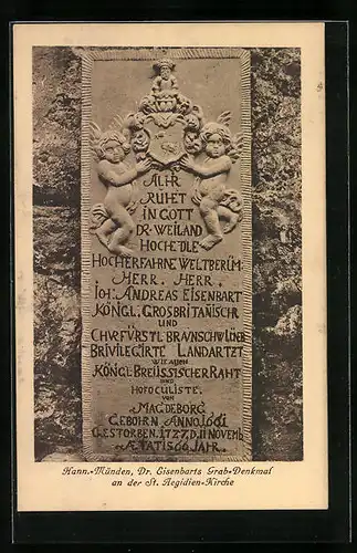 AK Hann.-Münden, Dr. Eisenbarts Grab-Denkmal an der St. Aegidien-Kirche