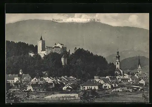 AK Brunico, Stadtansicht mit dem Schloss darüber