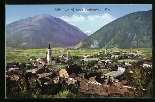 AK Mals, Generalansicht mit kirche und Turm gegen das Tauferertal