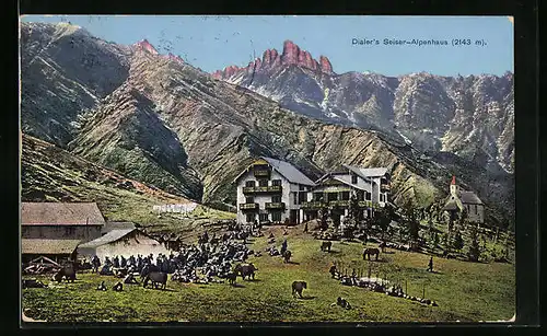 AK Seis, Dialer`s Seiser-Alpenhaus mit Pferden