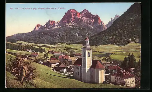 AK St. Veit in Sexten, Teilansicht mit Kirche geg. Rothwand-Elfer und Zwölfer