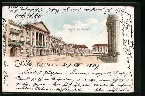 Lithographie Karlsruhe, Marktplatz mit Rathaus und Denkmal