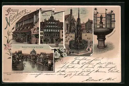 Lithographie Nürnberg, Gasthaus Bratwurstglöcklein, Das Peller Haus, Der schöne Brunnen