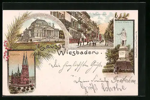 Lithographie Wiesbaden, Neues Theater, Ringkirche, Denkmal Wilhelm I.