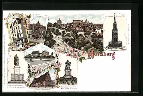 Lithographie Nürnberg, Spielwaren-Lager, Pellerhaus, Städtische Hopfenhalle