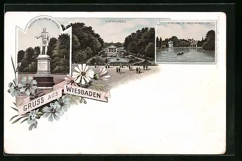 Lithographie Wiesbaden, Kursaal und Musikpavillon, Kursaalplatz, Kaiser Wilhelm Denkmal