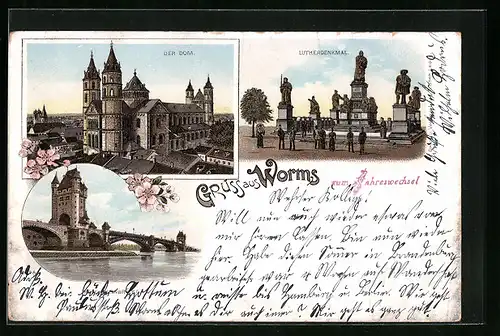 Lithographie Worms, Der Dom, Lutherdenkmal, Neue Rheinbrücke
