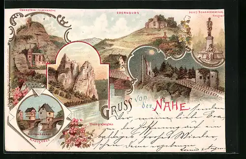 Lithographie Kreuznach /Nahe, Brückenhäuser, Oberstein-Felsenkirche, Ebernburg