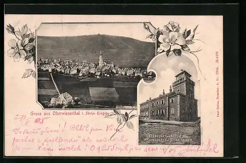 AK Oberwiesenthal i. Sächs. Erzgeb., Unterkunftshaus auf dem Fichtelberge, Teilansicht mit Kirche