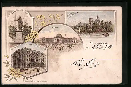 Lithographie Mannheim, Hotel National, Bahnhof, Stadtpark mit Sternwarte