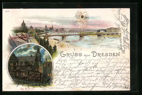 Lithographie Dresden, Teilansicht mit Brücke bei Sonnenschein, Kgl. Stallhof bei Mondschein