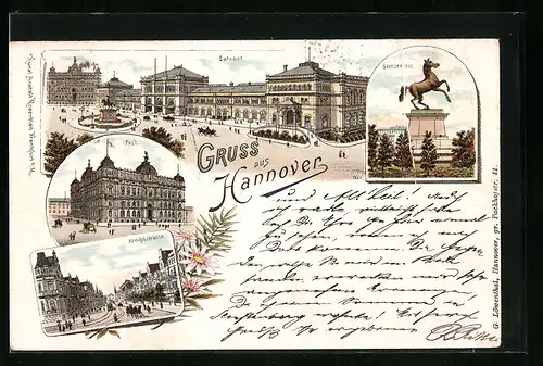 Lithographie Hannover, Bahnhof, Post, Sachsenross