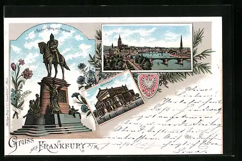 Lithographie Frankfurt /Main, Teilansicht, Kaiser Wilhelm Denkmal, Opernhaus