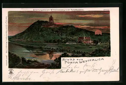 Sonnenschein-AK Porta Westfalica, Wittekindsberg mit Denkmal