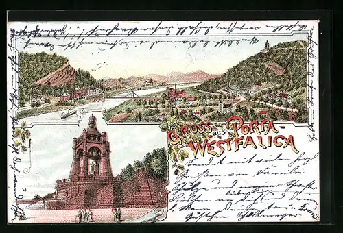 Lithographie Porta-Westphalica, Denkmal, Panorama