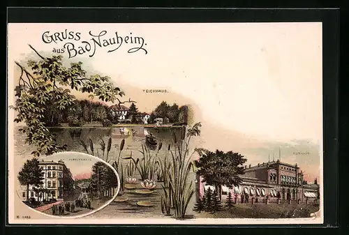 Lithographie Bad Nauheim, Kurhaus, Teichhaus, Parkstrasse