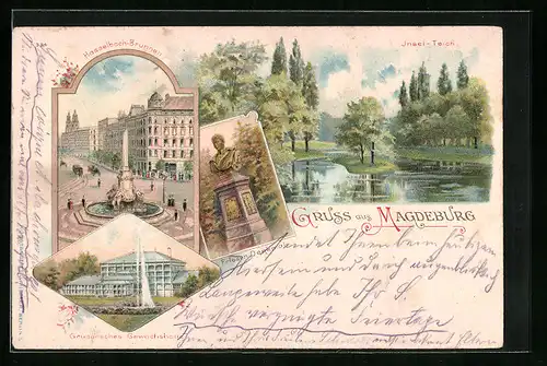 Lithographie Magdeburg, Hasselbach-Brunnen, Grusonsches Gewächshaus, Frieden-Denkmal