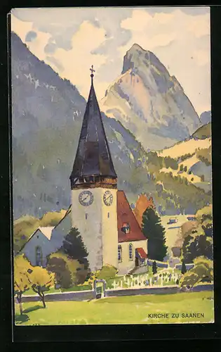 Künstler-AK Saanen, Ortspartie mit Kirche