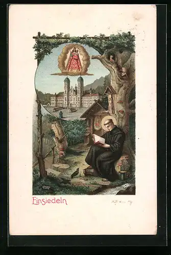 Künstler-AK Einsiedeln, Kirche und Ganadenbild, Mönch mit Buch