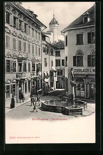 AK Schaffhausen, Strassenpartie mit Schuhlager und Brunnen