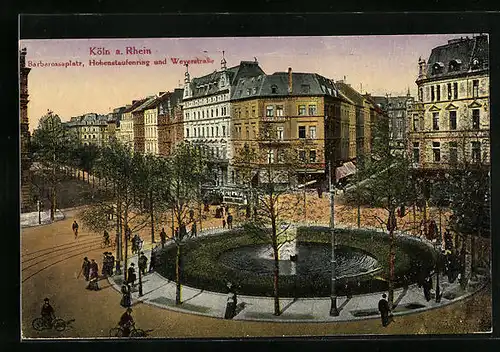 AK Köln a. Rhein, Barbarossaplatz, Hohenstaufenring und Weyerstrasse mit Brunnen, Strassenbahn