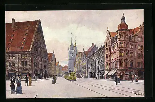 Künstler-AK Nürnberg, Königstrasse mit Lorenzkirche und Strassenbahn
