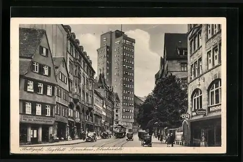 AK Stuttgart, Tagblatt-Turmhaus und Cafe an der Eberhardstrasse mit Strassenbahn