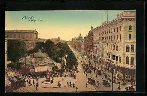 AK Hannover, Georgstrasse mit Cafe Kröpcke, Geschäften und Strassenbahn